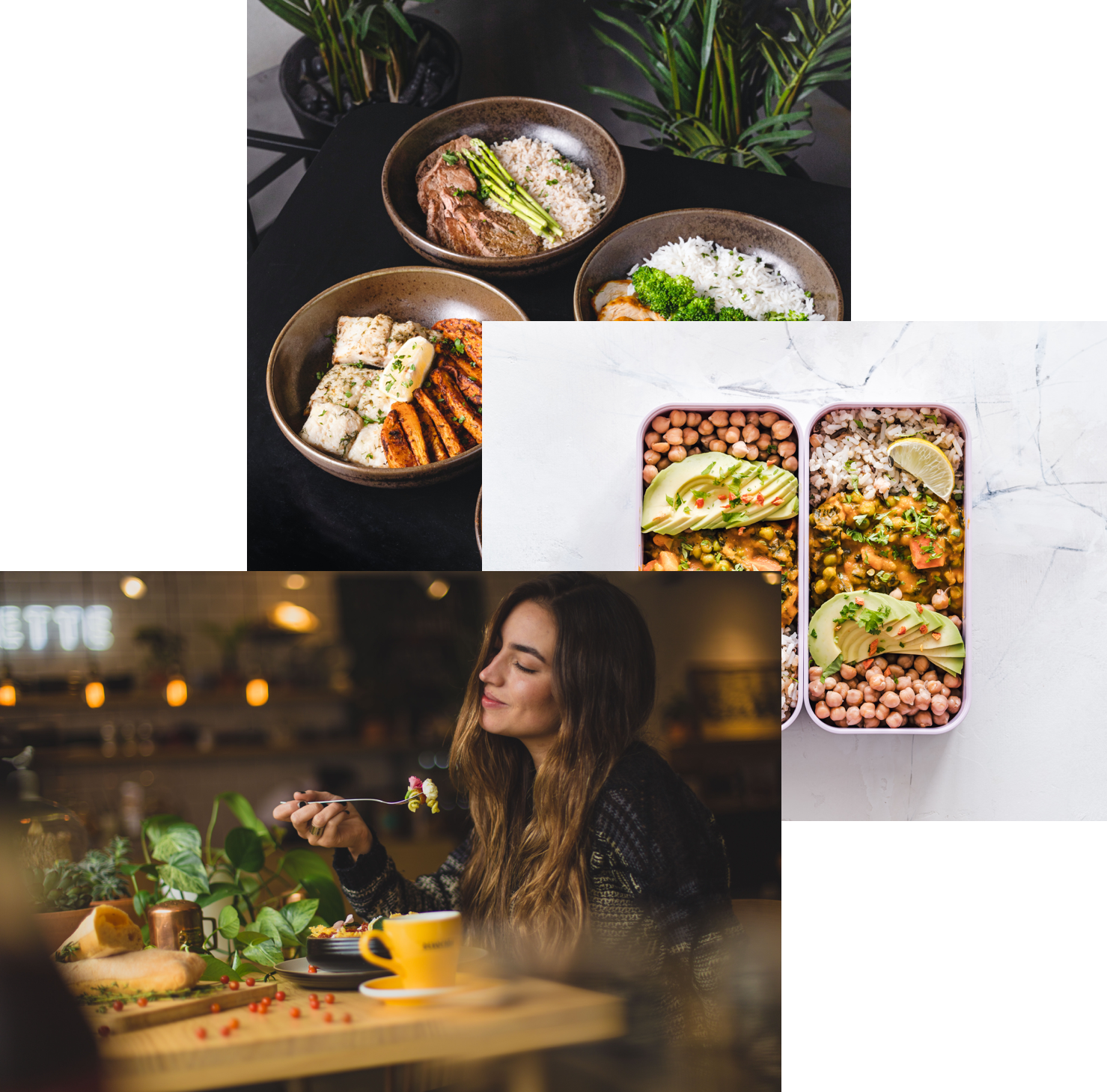 woman enjoying food, meals in storage container and food bowls on a table